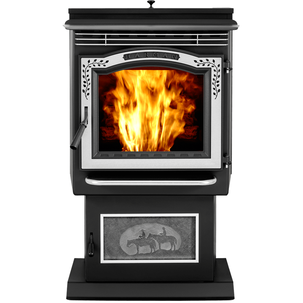 A Harman pellet stove with the fire visible through the door